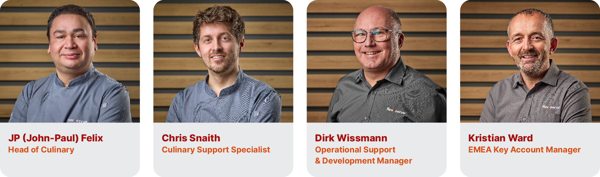 Headshots of Flexeserve Chef JP, Chef Chris, Dirk Wissmann – Operational Support & Development Manager and Kristian Ward – EMEA Key Account Manager who have all recently been awarded Certified Food Service Professional (CFSP) status as part of their continuing professional development