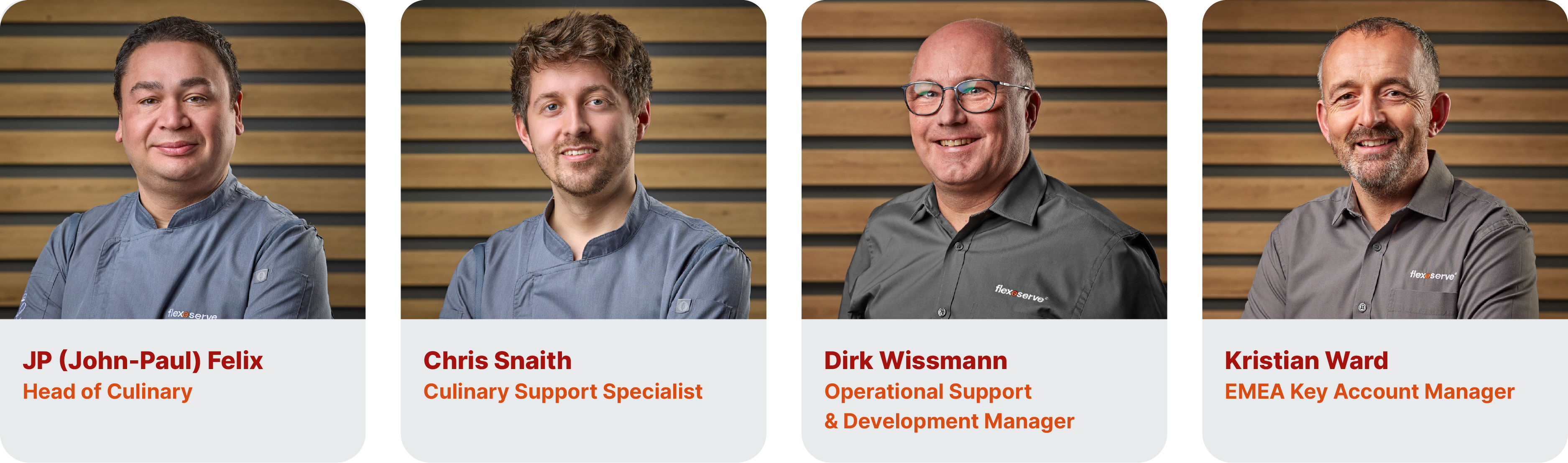 Headshots of Flexeserve Chef JP, Chef Chris, Dirk Wissmann – Operational Support & Development Manager and Kristian Ward – EMEA Key Account Manager who have all recently been awarded Certified Food Service Professional (CFSP) status as part of their continuing professional development